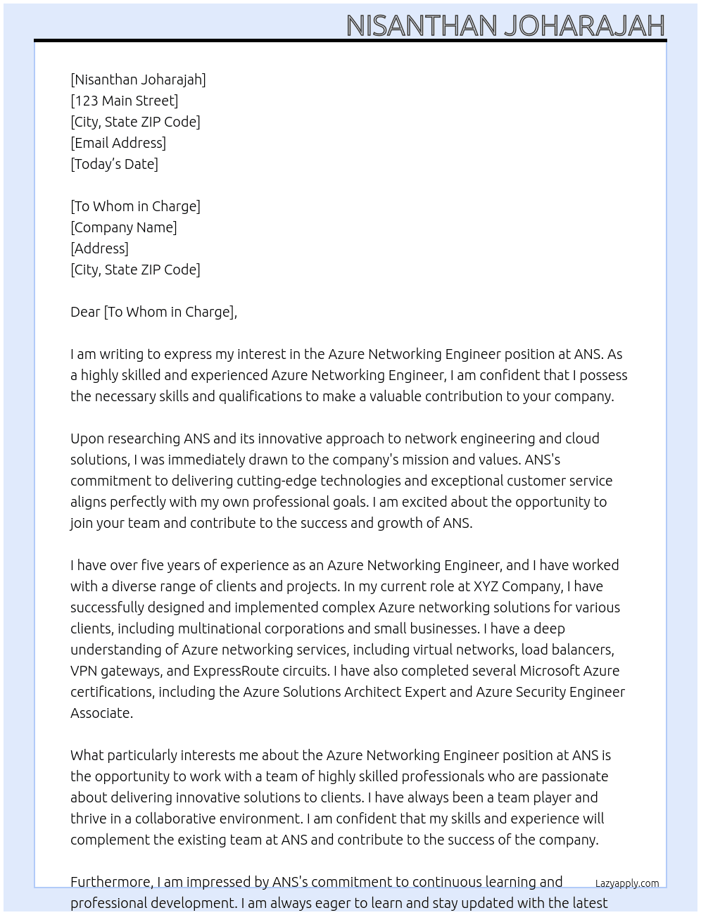 Azure Networking Engineer At ANS Cover Letter