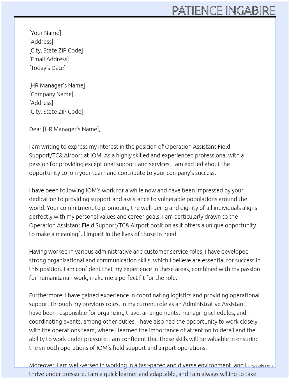 Cover letter for operation assistant field support/tc& airport - LazyApply