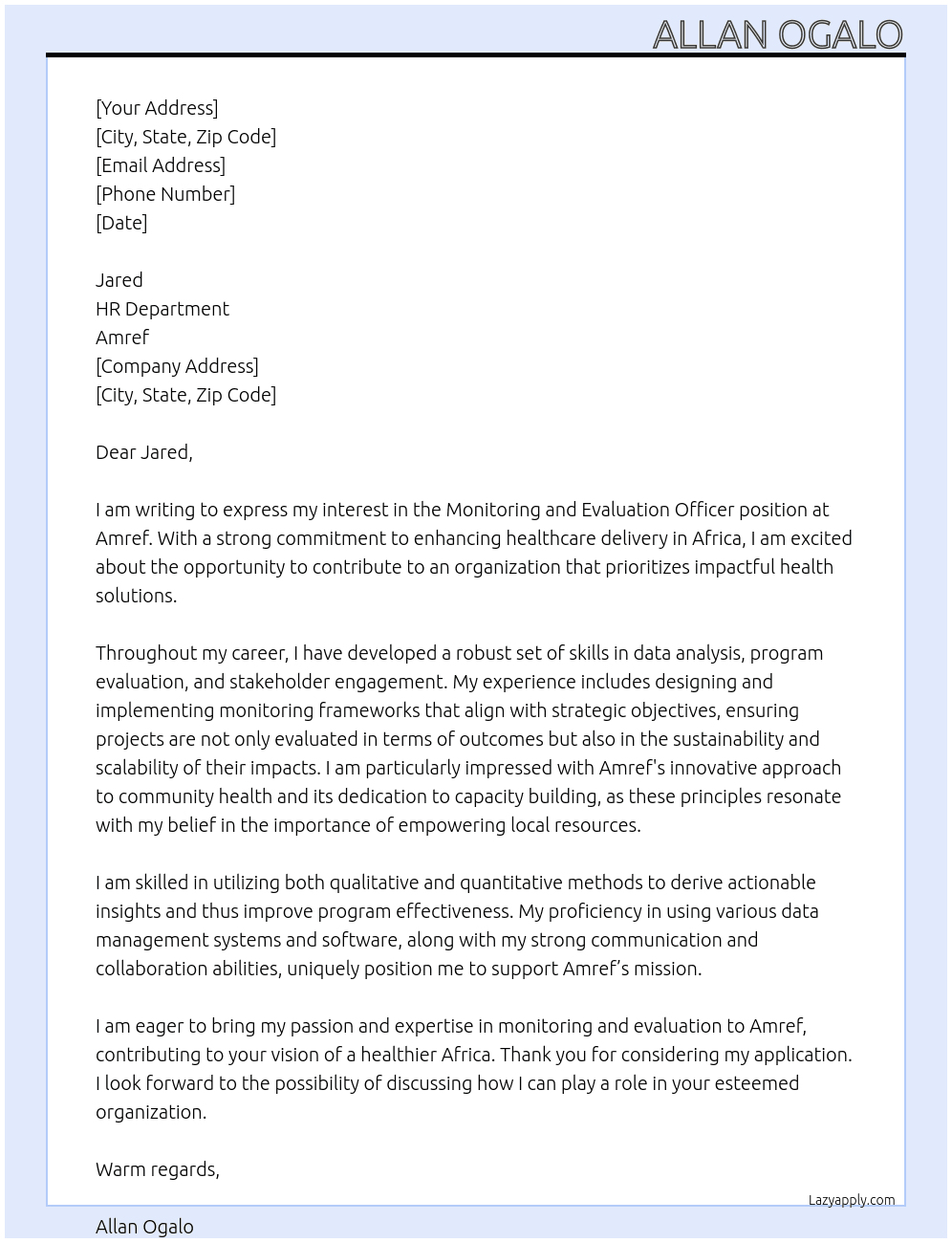 Monitoring and Evaluation Officer At Amref Cover Letter