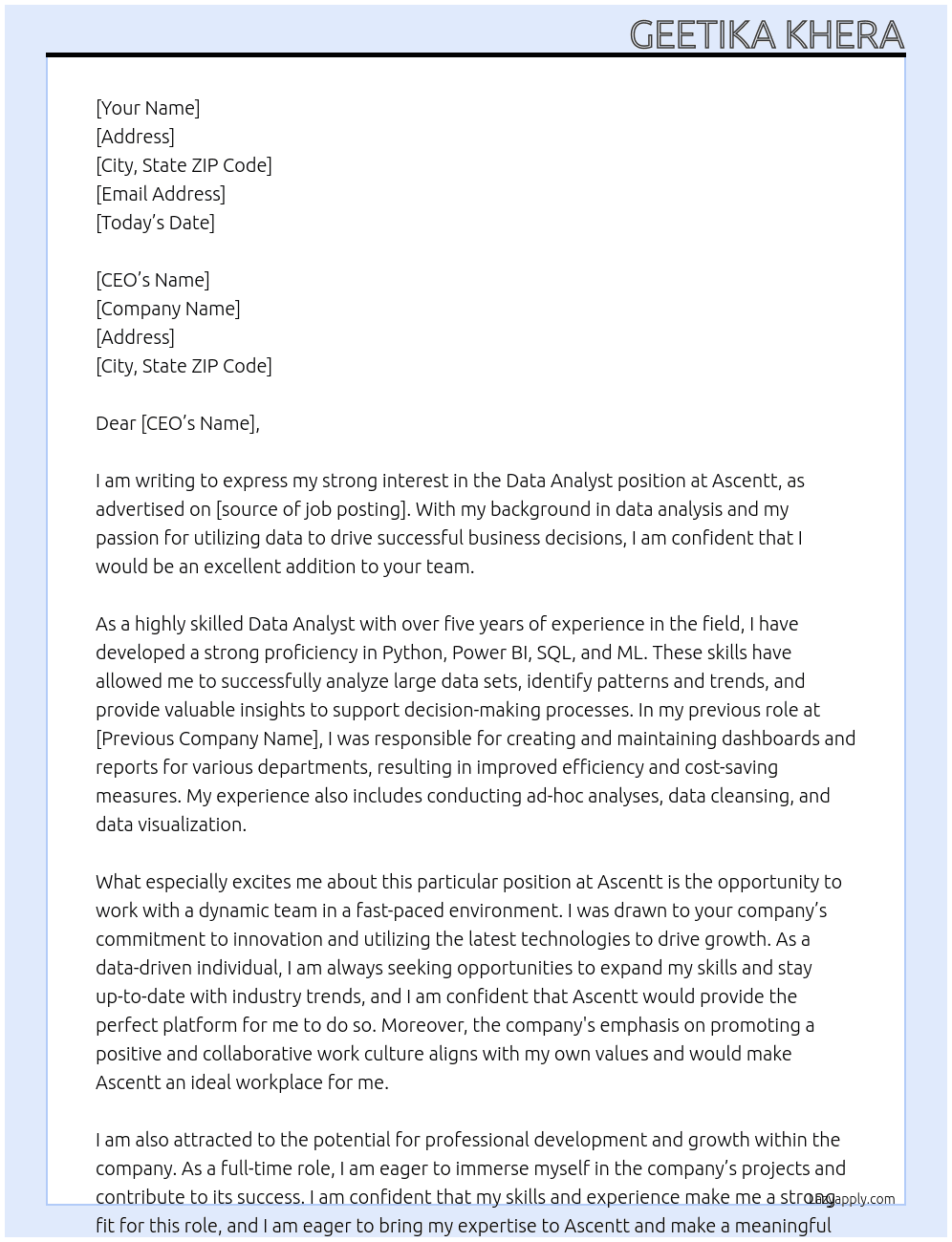 Data Analyst  At Ascentt Cover Letter