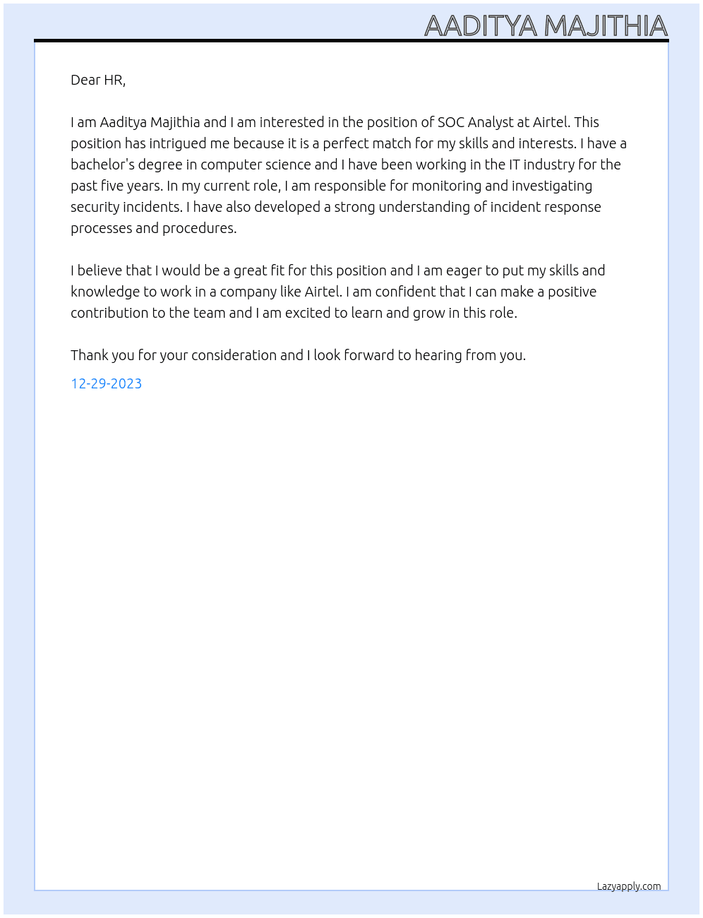 SOC ANALYSt  At Airtel Cover Letter