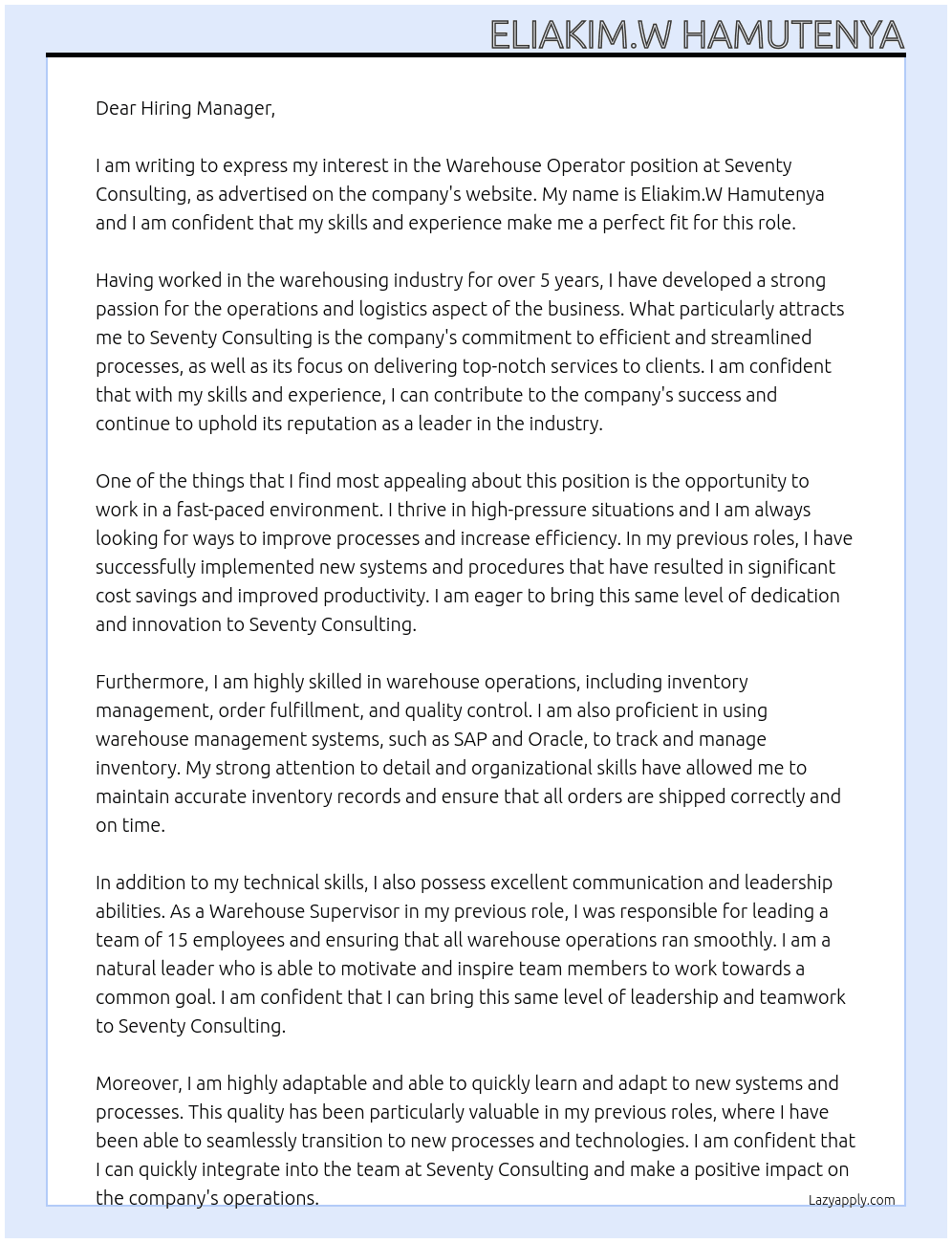 Warehouse operator At Seventy consulting Cover Letter