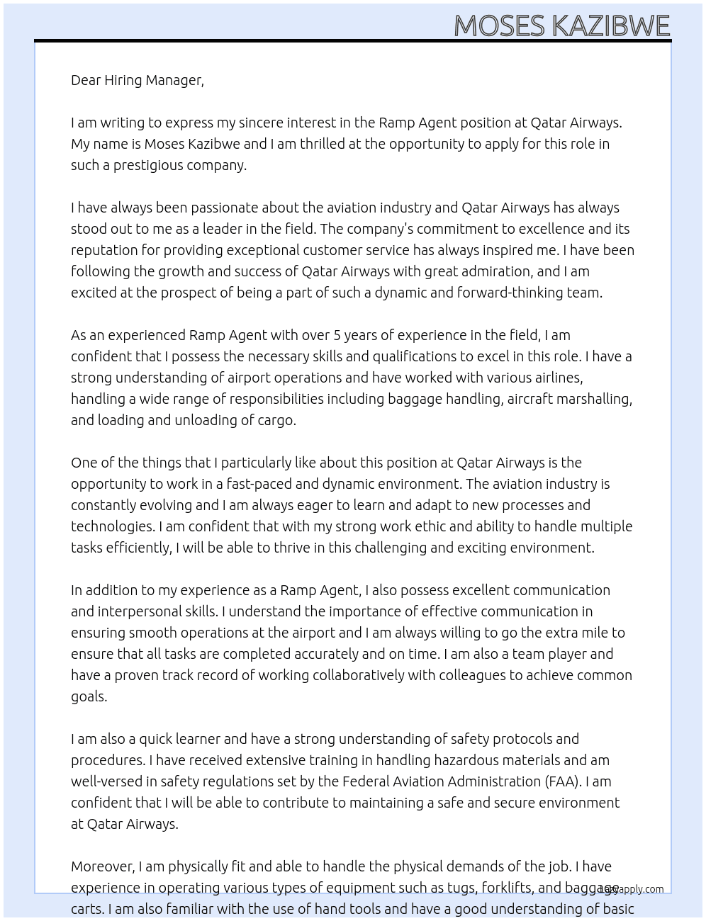 Ramp Agent At Qatar Airways Cover Letter