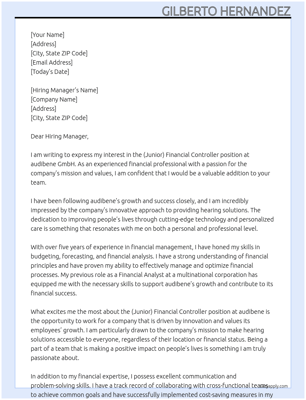 (Junior) Financial Controller At audibene GmbH Cover Letter