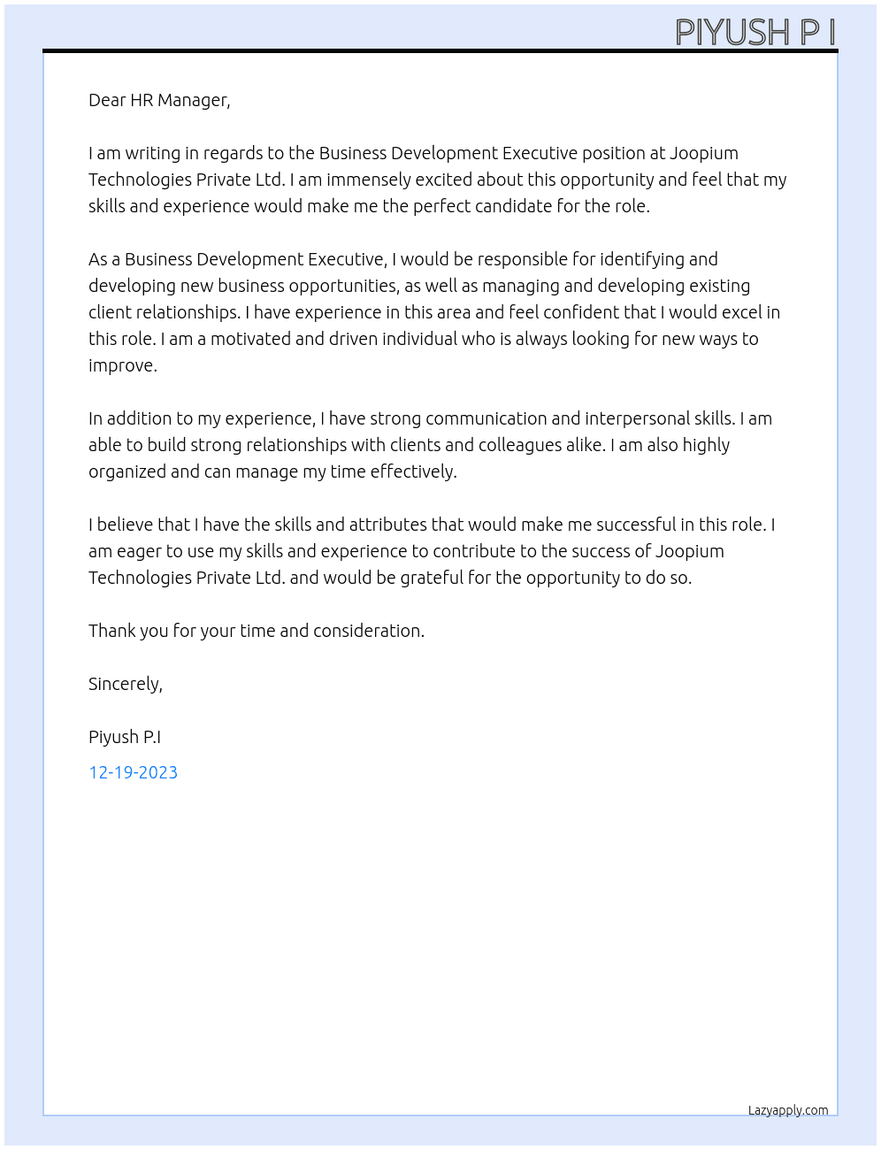 Business Development Executive At JOOPIUM TECHNOLOGIES PRIVATE LTD Cover Letter