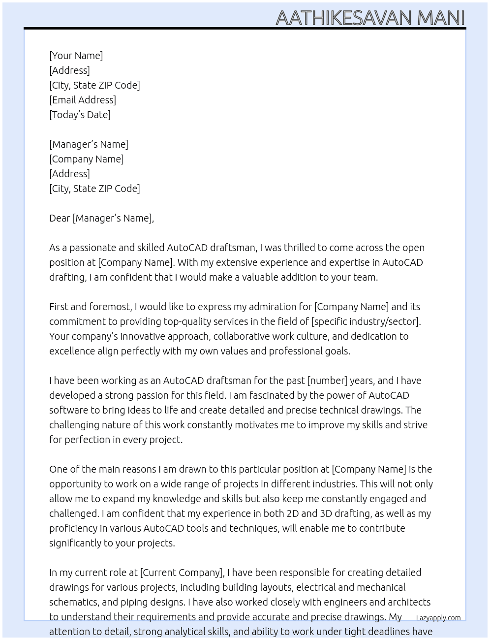 AutoCAD draftsman  At GFG Cover Letter