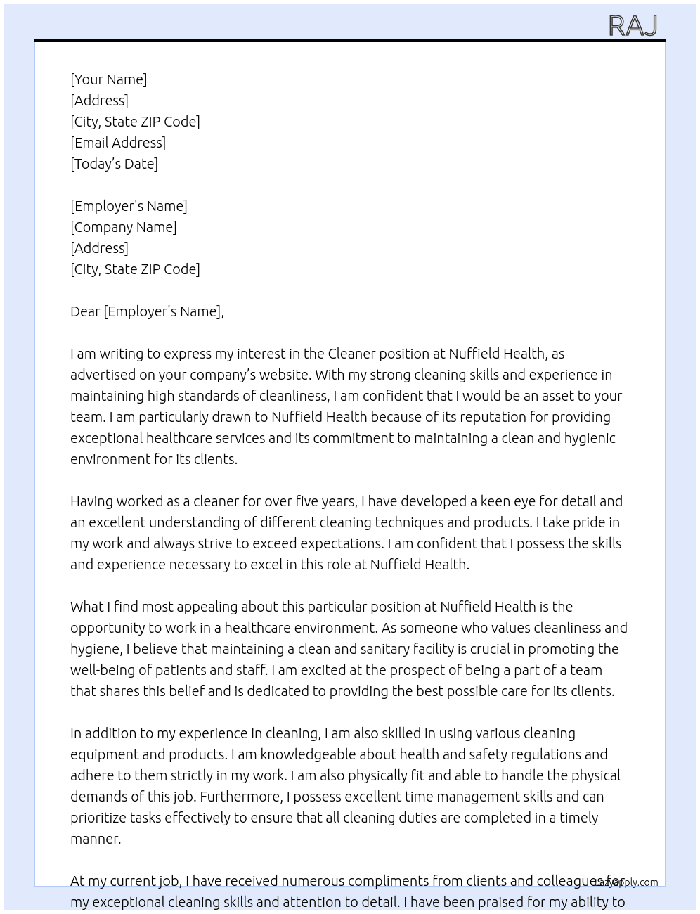 cleaner At Nuffield health Cover Letter