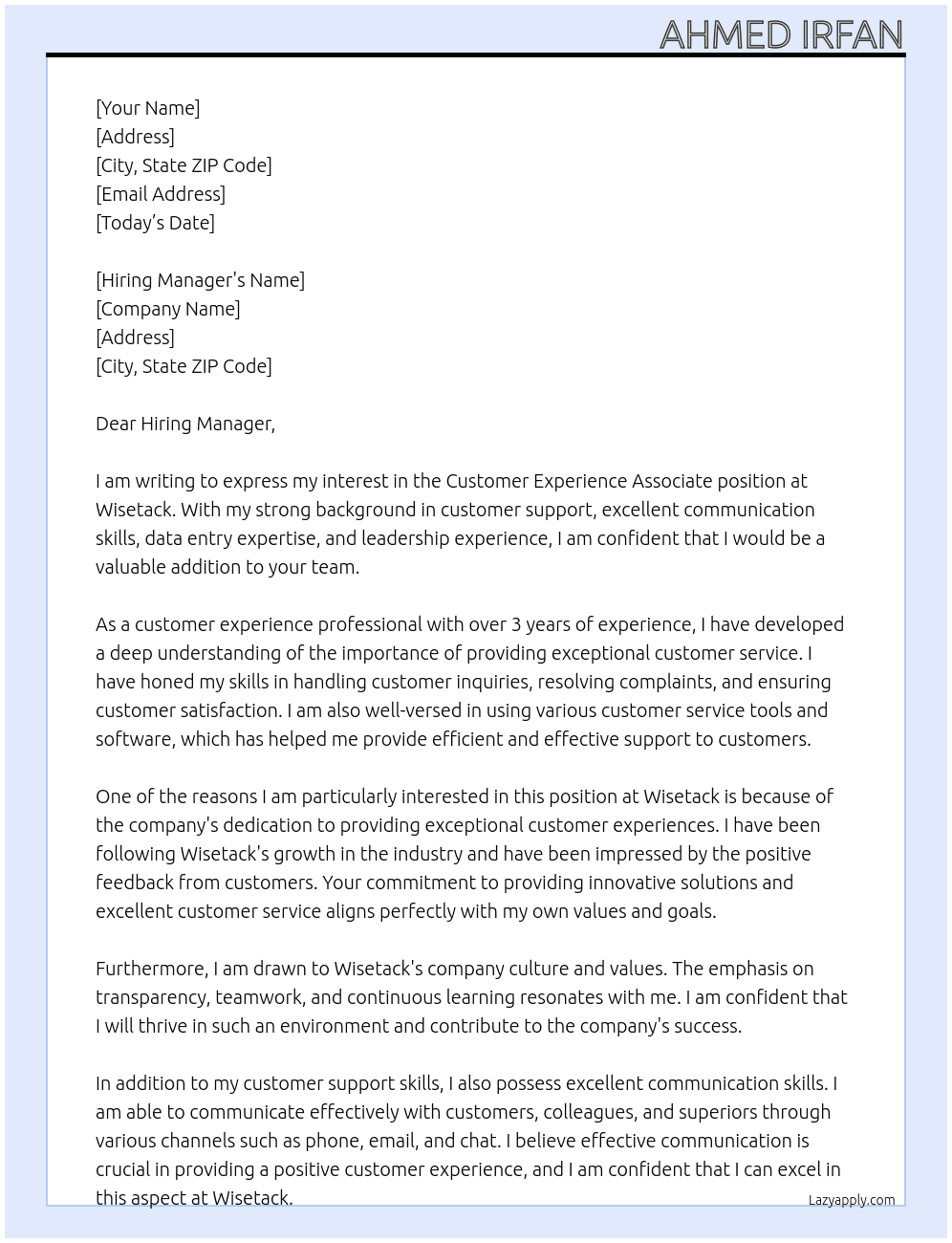 customer experience associate At Wisetack Cover Letter