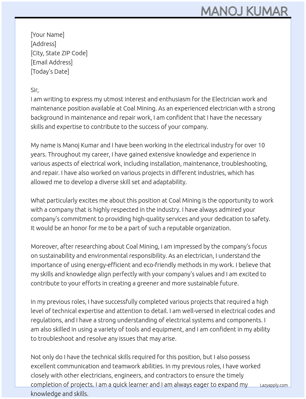 Electrician work and maintenance  At Coal mining  Cover Letter