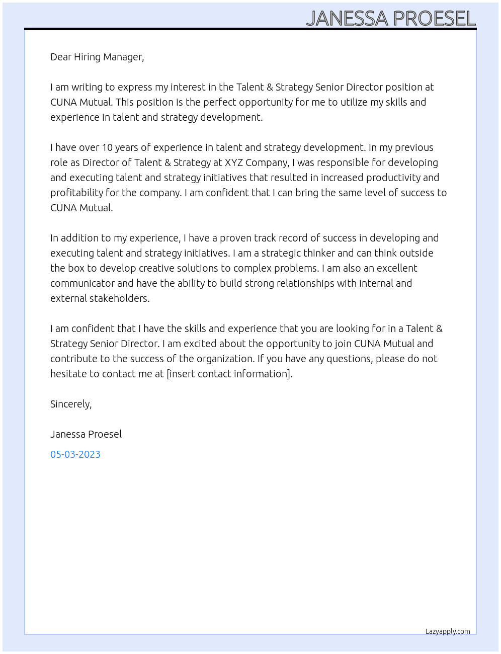 Talent & Strategy Senior Director, At CUNA Mutual Cover Letter