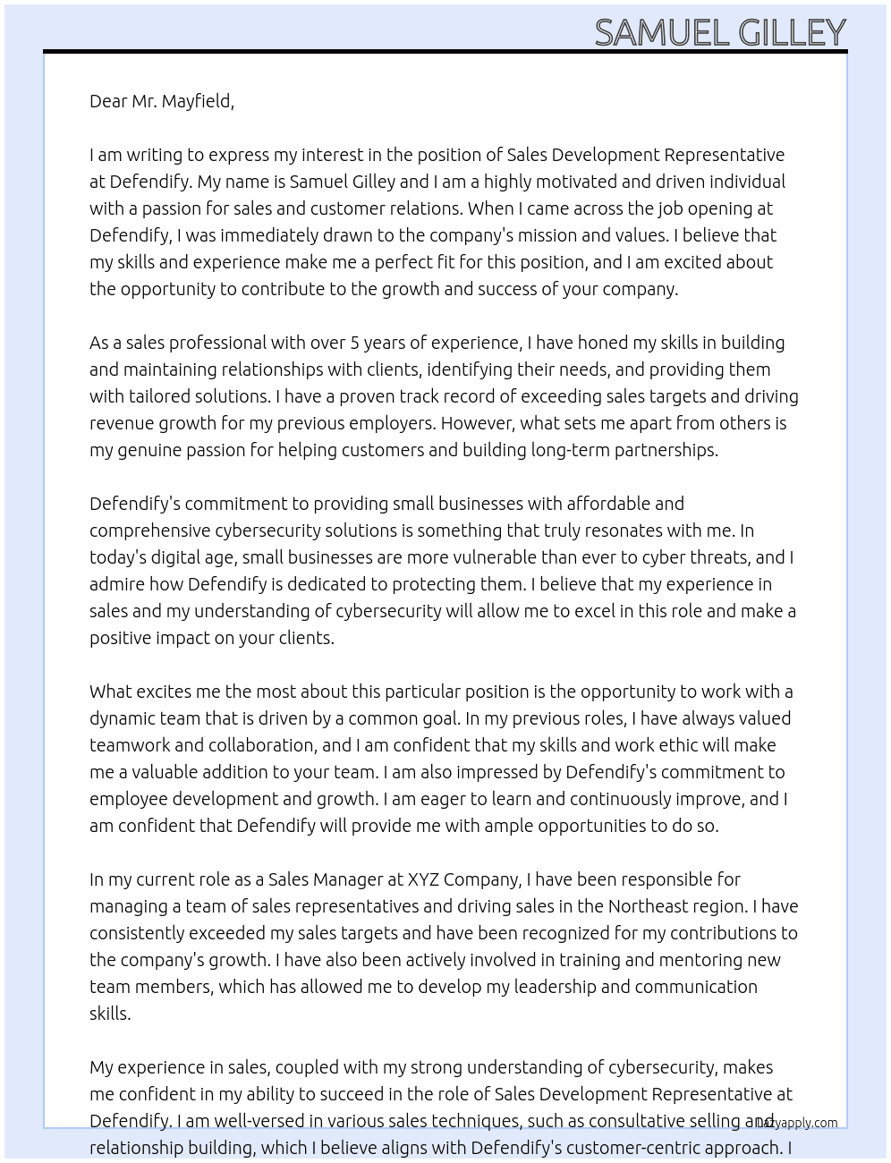 Sales Development Representative At Defendify Cover Letter