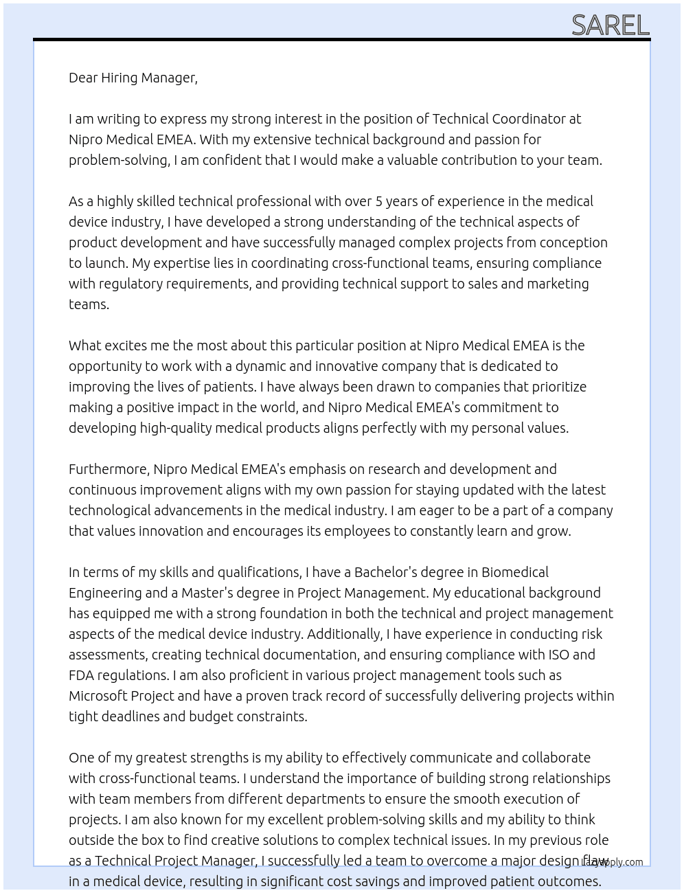 Technical Coordinator At Nipro Medical EMEA  Cover Letter