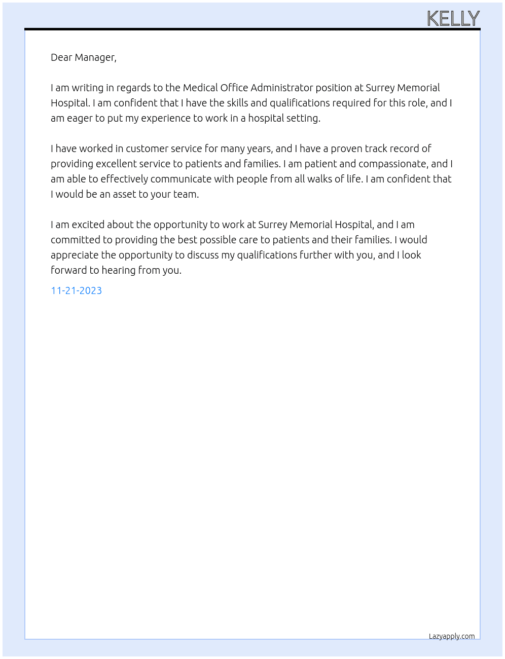 Medical Office Administrator At Surrey Memorial Hospital Cover Letter