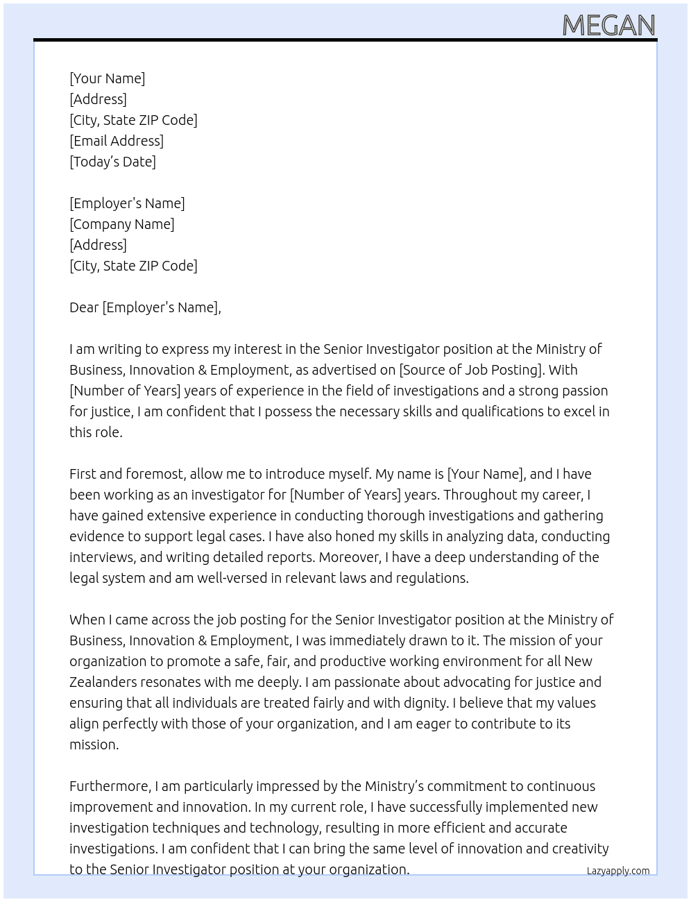 Senior Investigator At Ministry of Business, Innovation & Employment Cover Letter