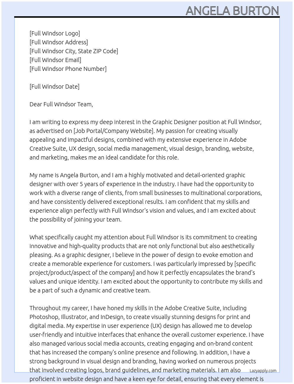 graphic designer At Full Windsor Cover Letter