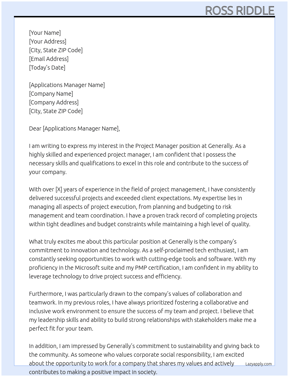 Project Manager  At Generally  Cover Letter