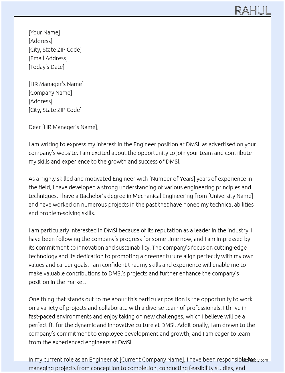 Engineer  At DMSl  Cover Letter