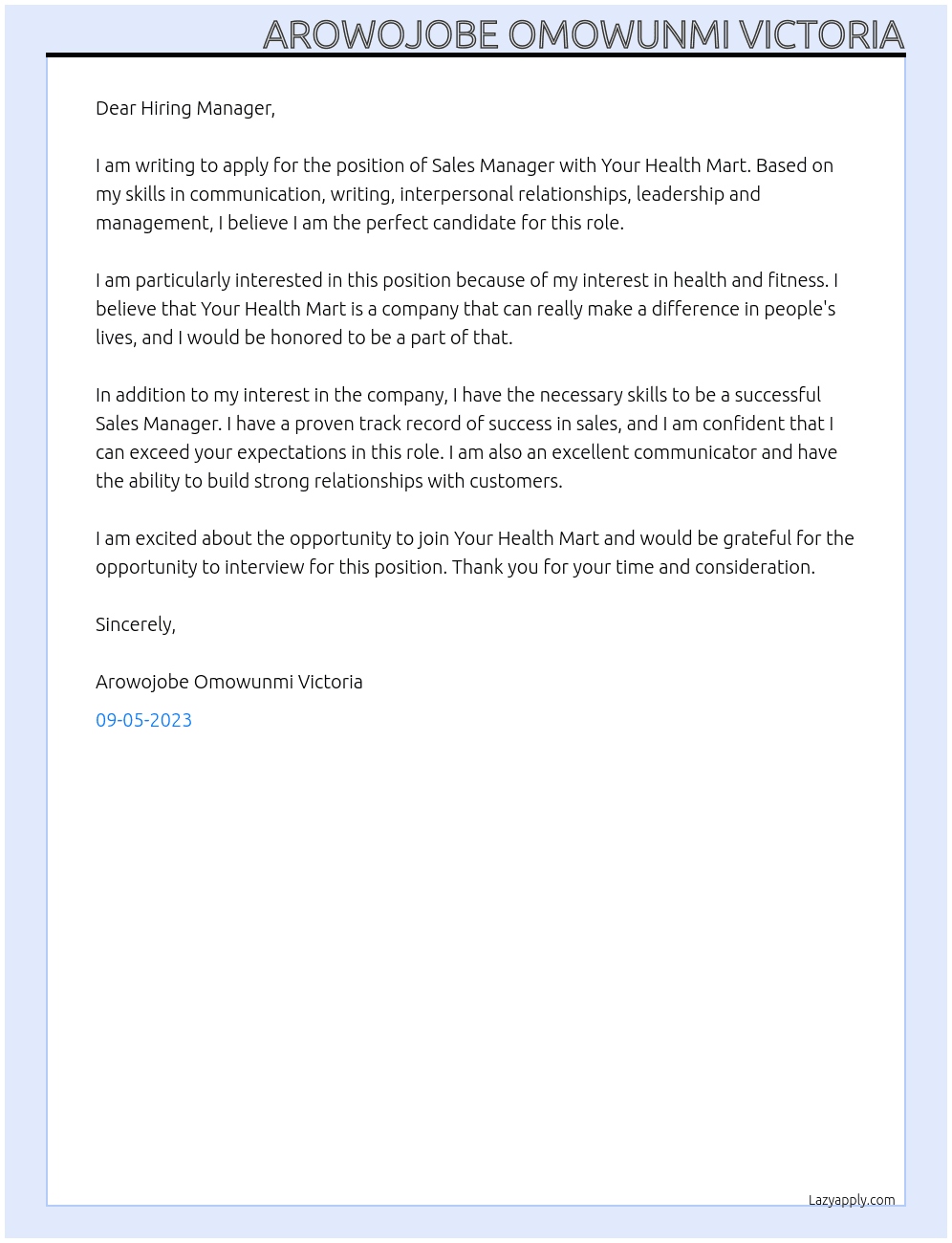 Sales manager At Your health mart  Cover Letter
