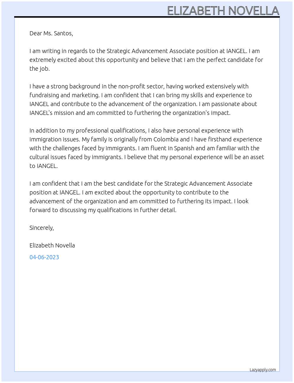 Strategic Advancement Associate At IANGEL Cover Letter