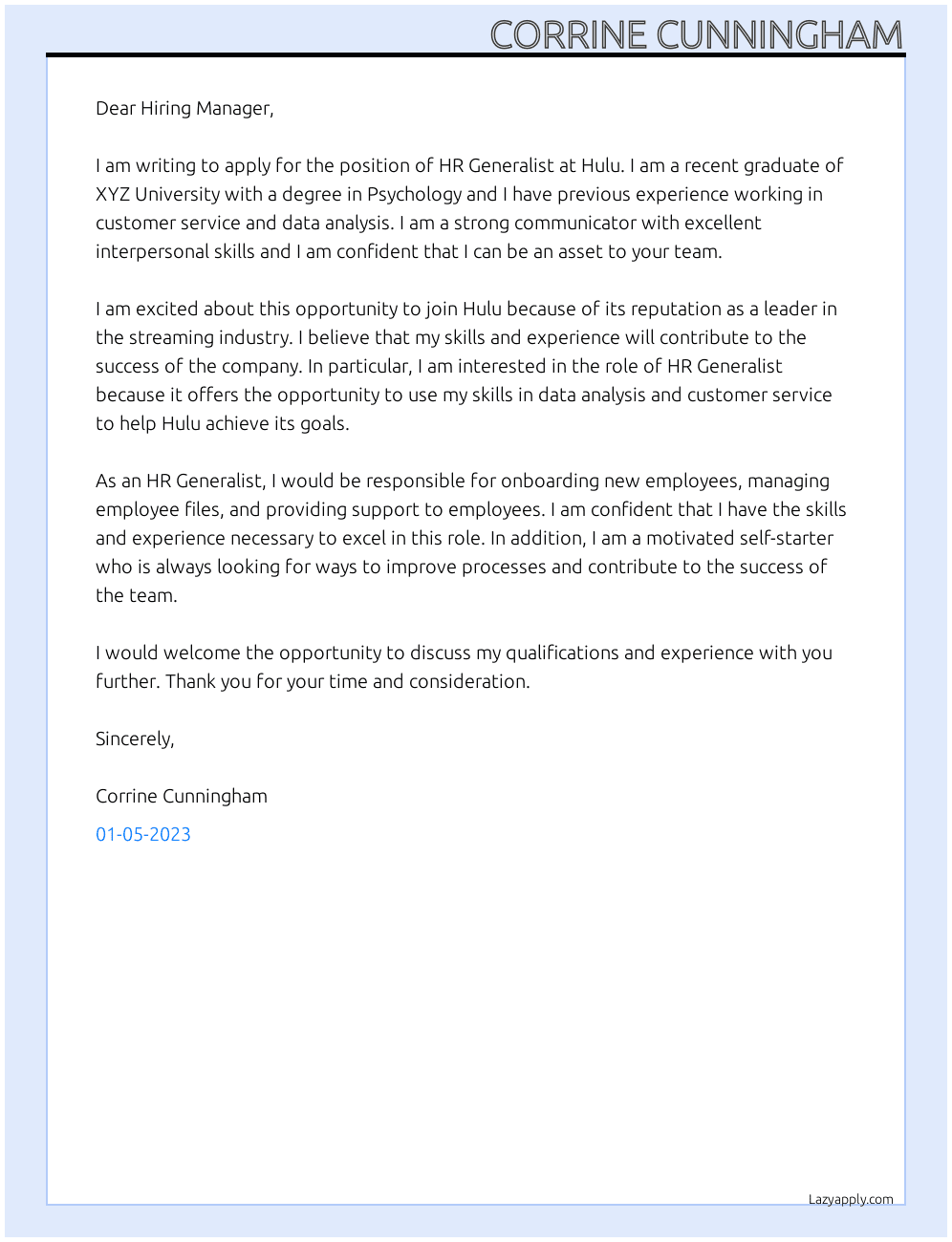 HR Generalist (Entry Level Role) At Hulu Cover Letter
