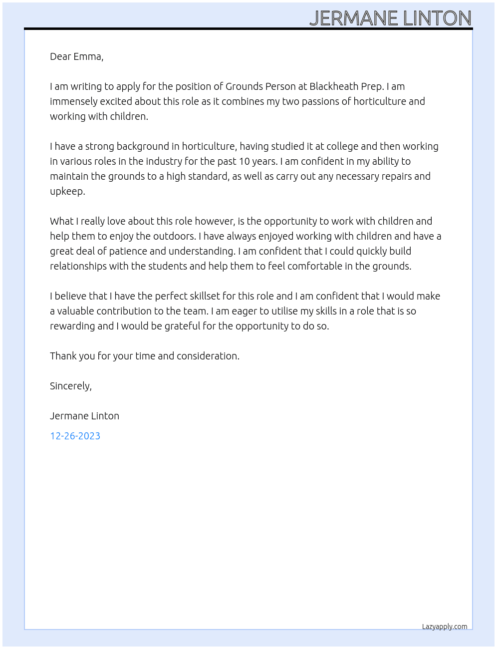 Grounds Person At Blackheath Prep Cover Letter