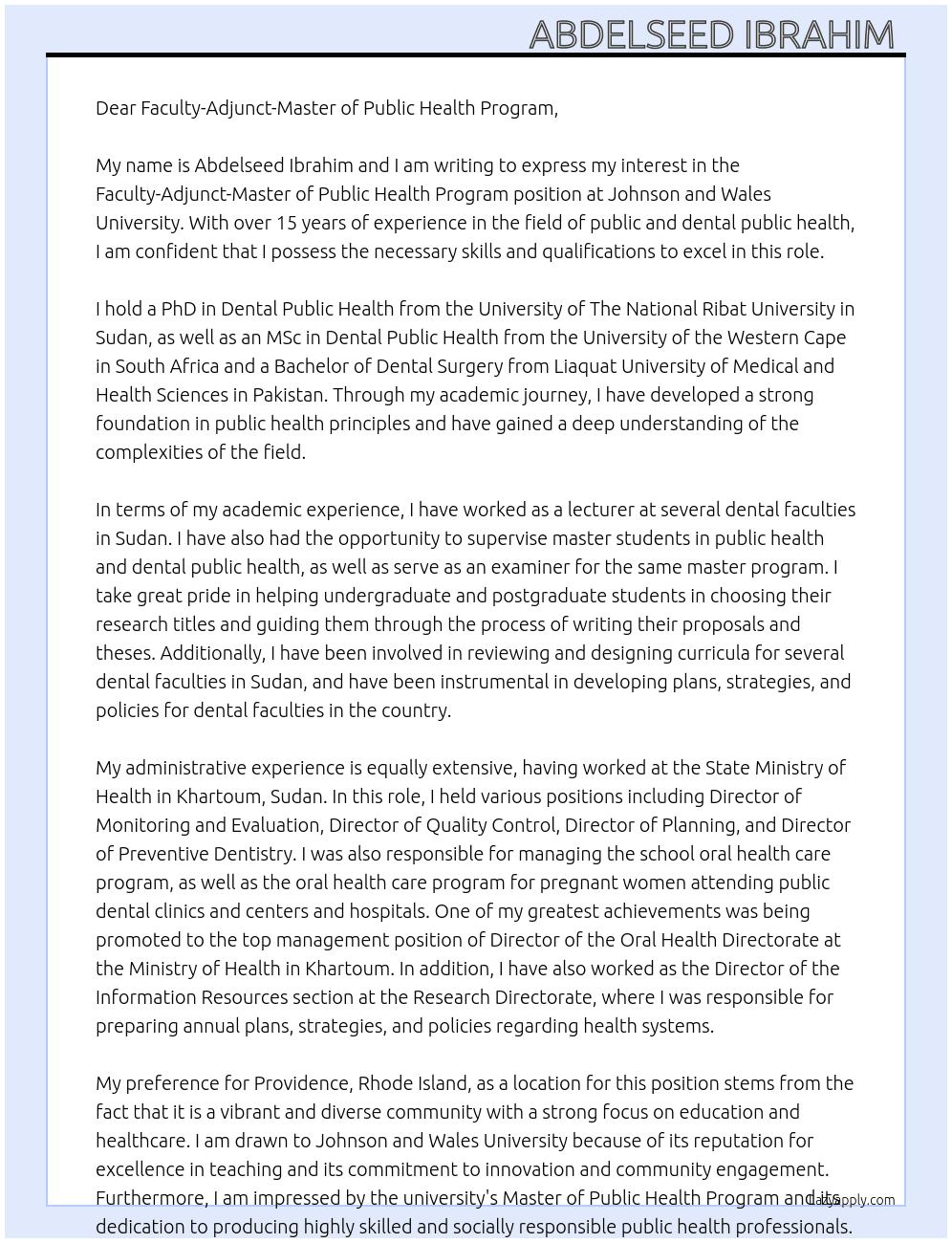 Faculty-Adjunct-Master of Public Health Program At Johnson and Wales University  Cover Letter