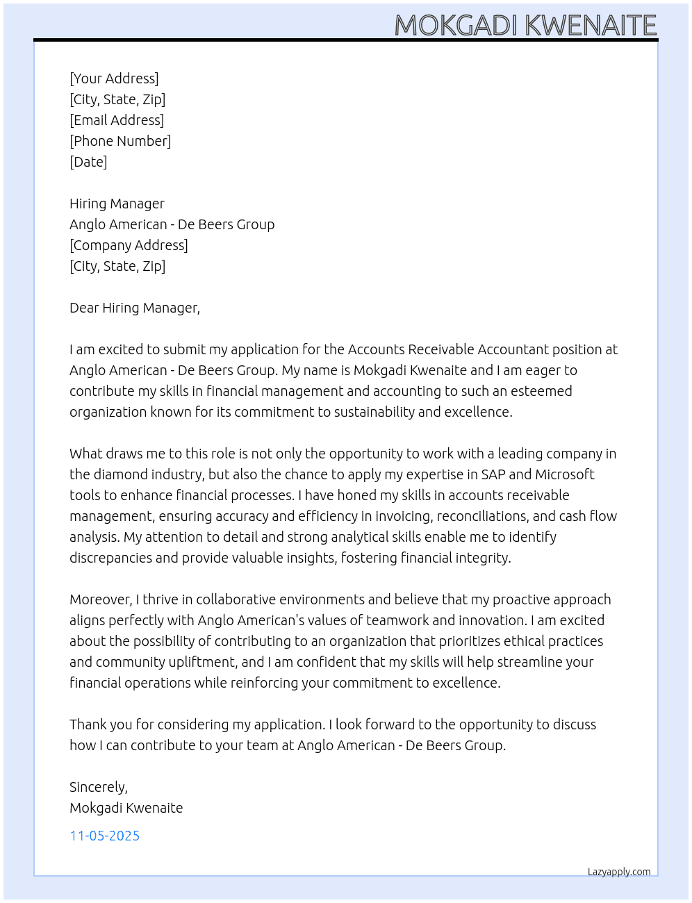Accounts receivable accountant  At Anglo American - De Beers group Cover Letter