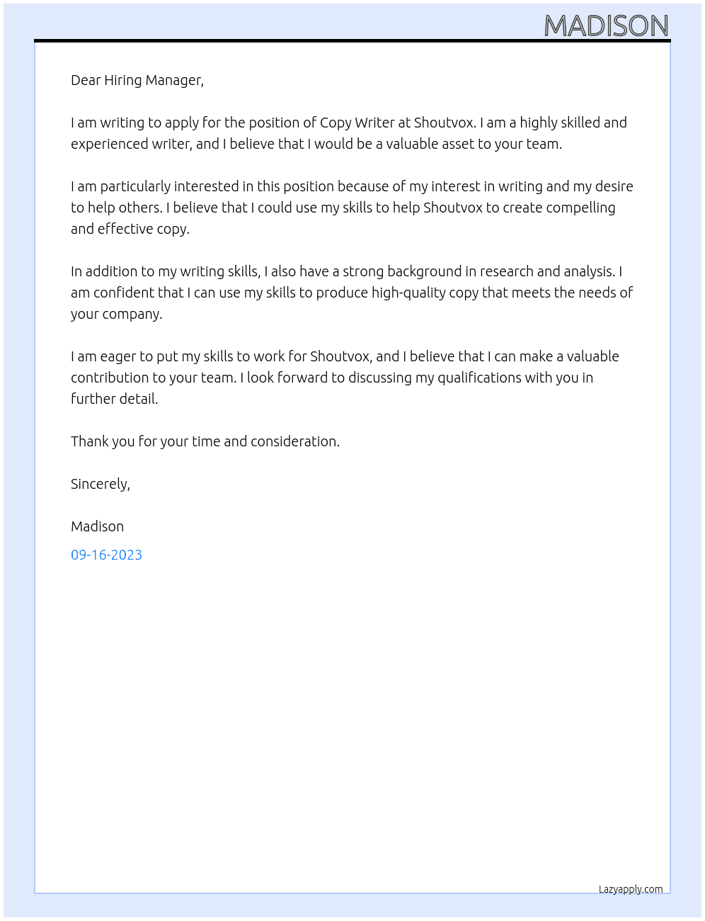 Copy Writer At Shoutvox Cover Letter