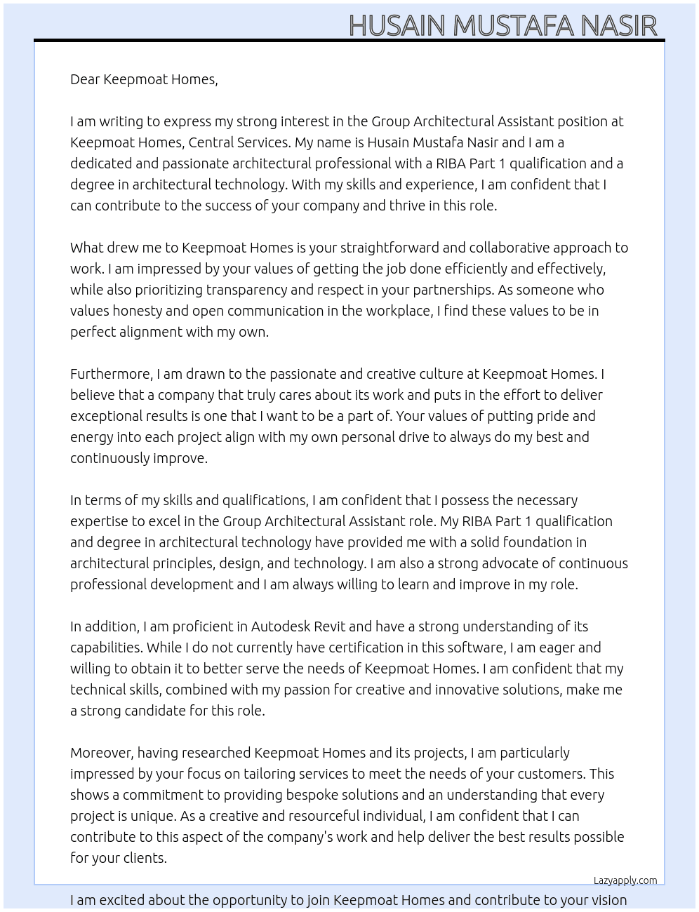 Group Architectural Assistant At Keepmoat Cover Letter