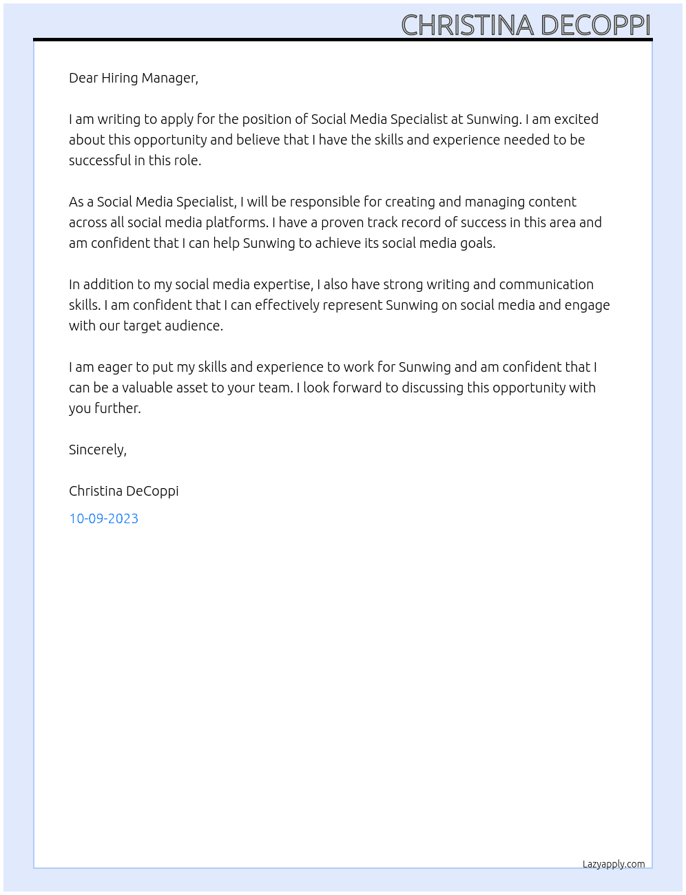 Social Media Specialist At Sunwing Cover Letter