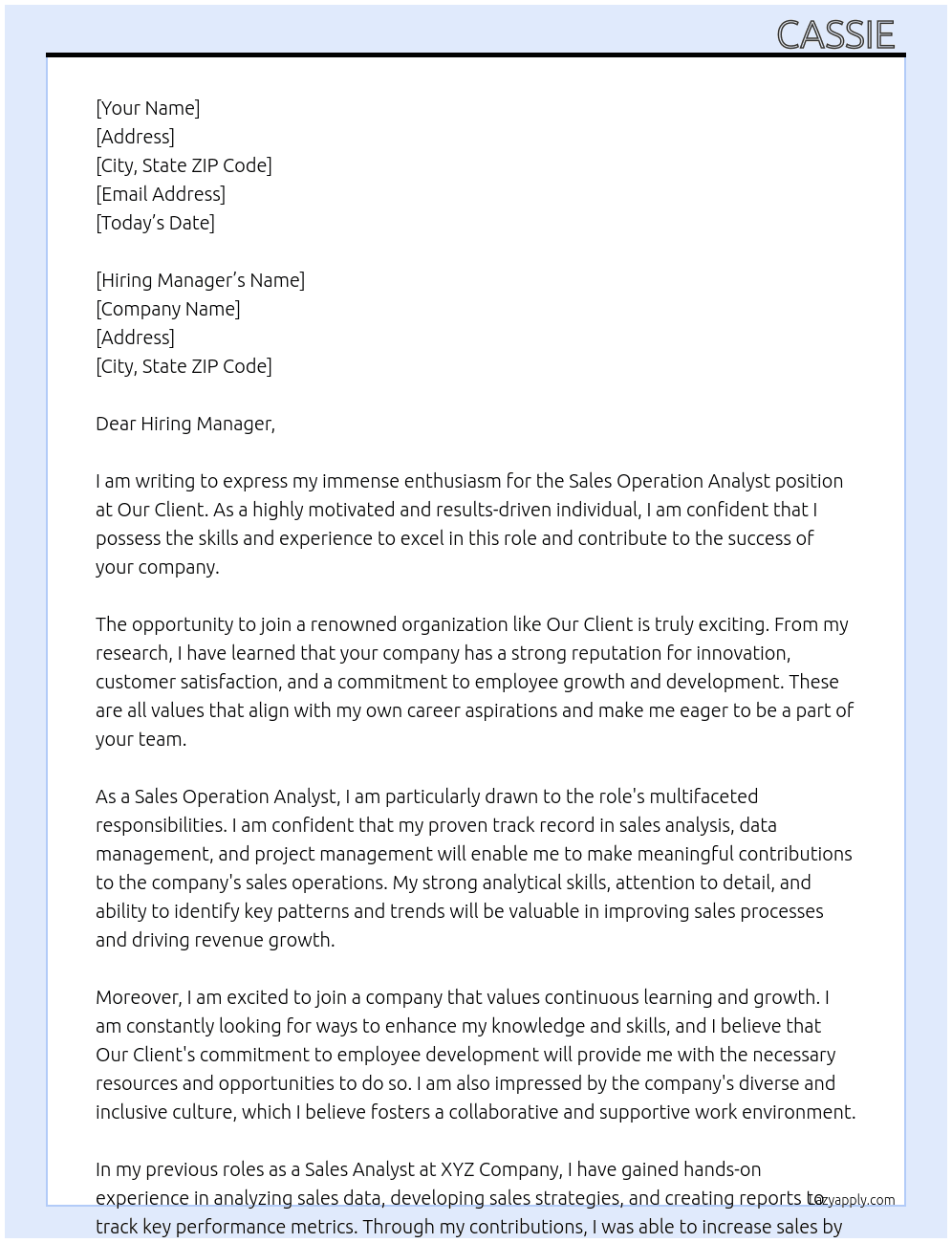 Sales Operation Analyst At Our Client Cover Letter