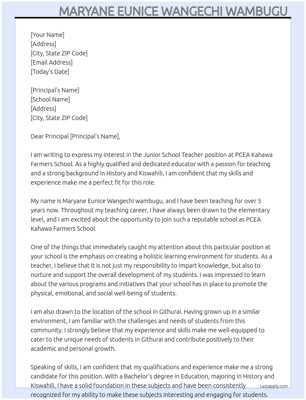 Junior school Teacher At PCEA Kahawa Farmers School Cover Letter