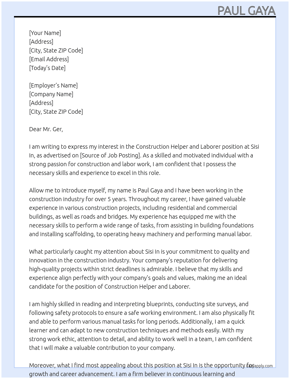 Construction helper, labourer  At Sisi in  Cover Letter