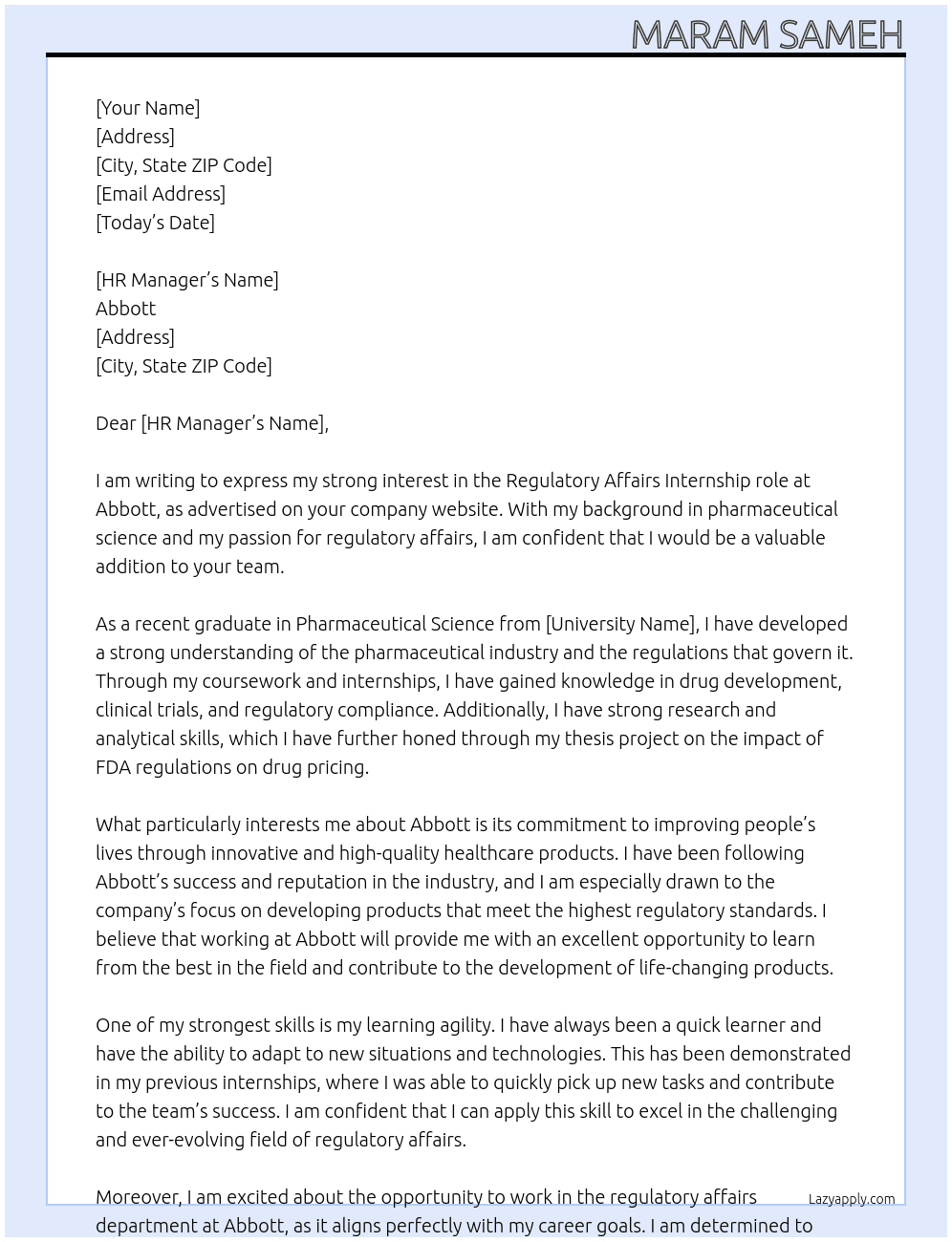 regulatory affairs  At Abbott Cover Letter