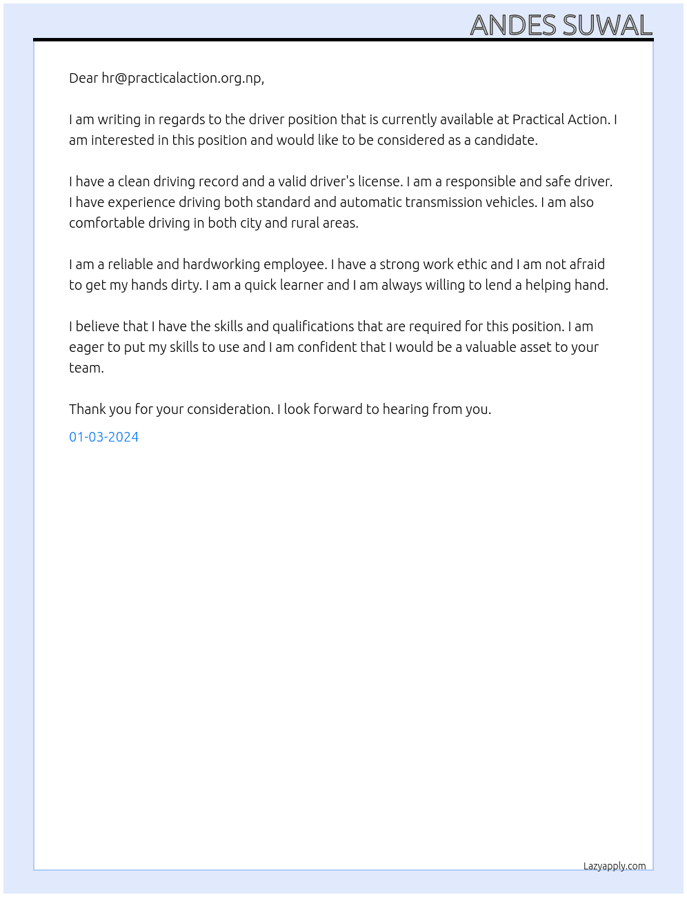 Driver At PRACTICAL ACTION Cover Letter