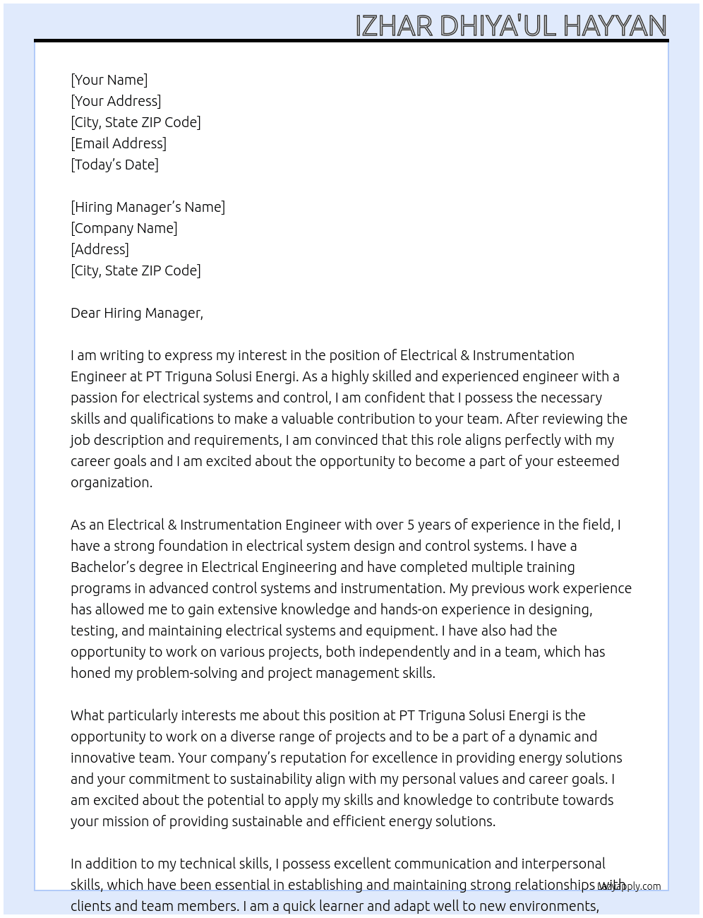 Cover letter for electrical & instrumentation engineer - LazyApply