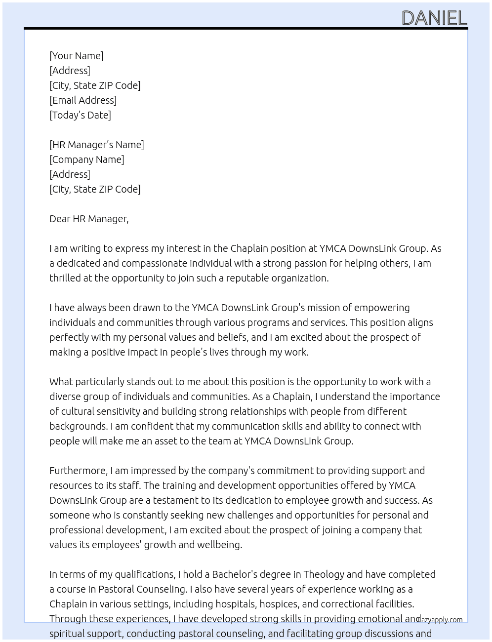 Chaplain At YMCA DownsLink Group Cover Letter