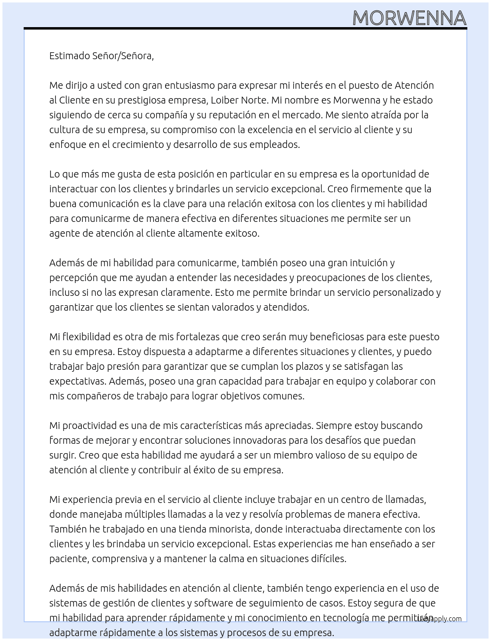 Atención al cliente  At Loiber Norte Cover Letter