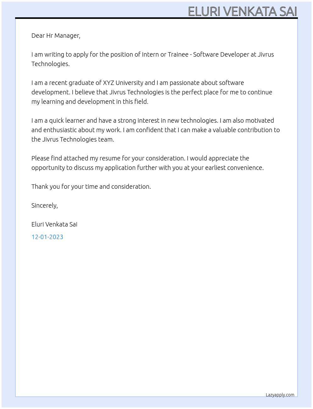 Intern or Trainee - Software Developer At Jivrus Technologies Cover Letter