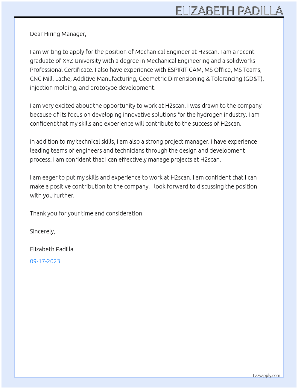 Mechanical Engineer At H2scan Cover Letter