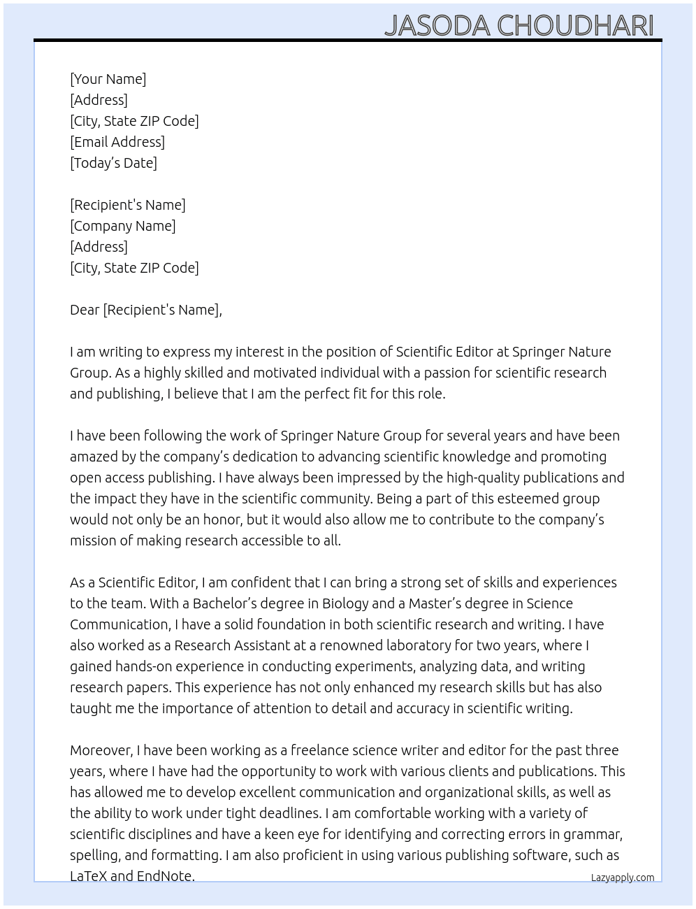 Scientific editors  At Springer nature group Cover Letter