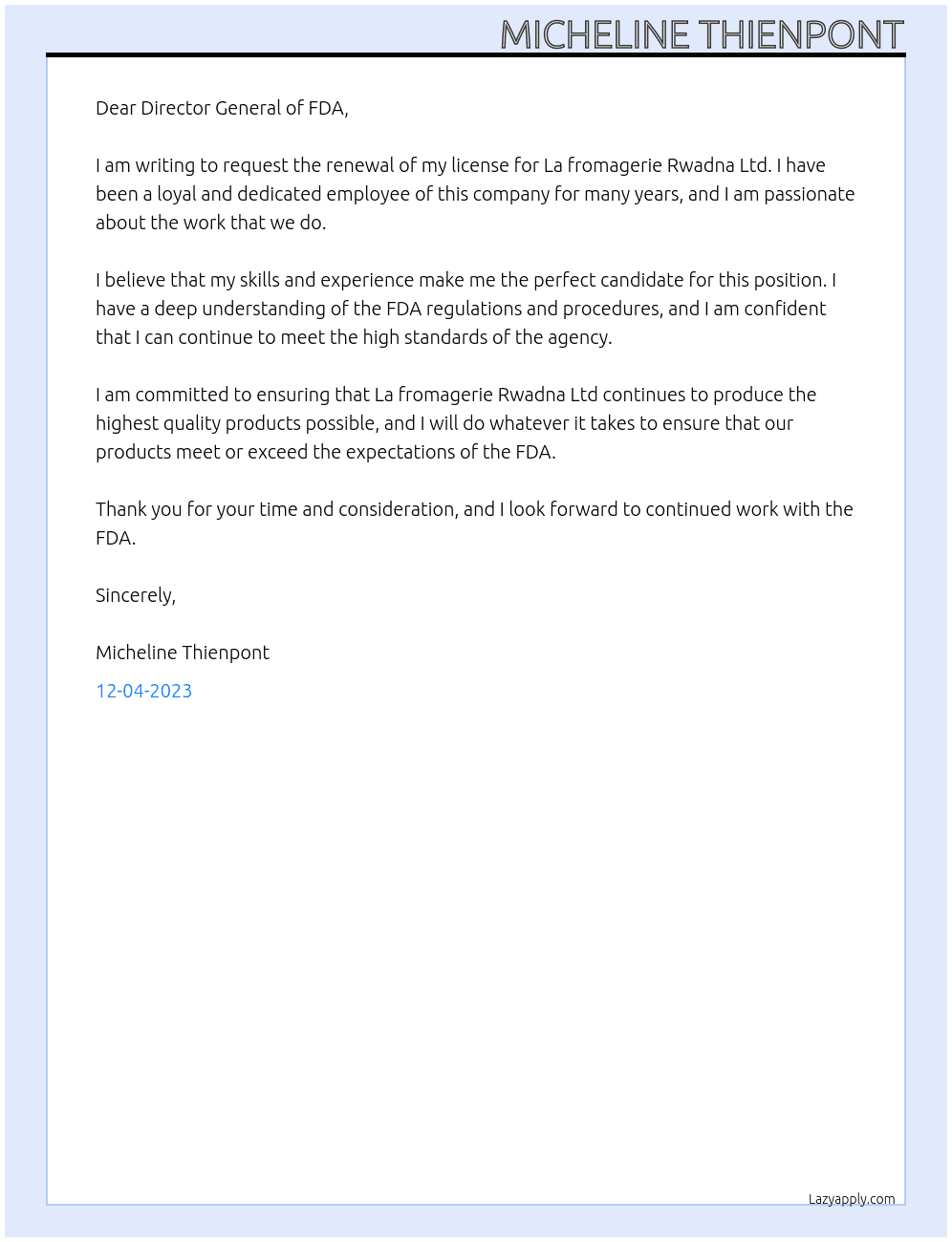 Requesting license renewal At La fromagerie Rwadna Ltd Cover Letter