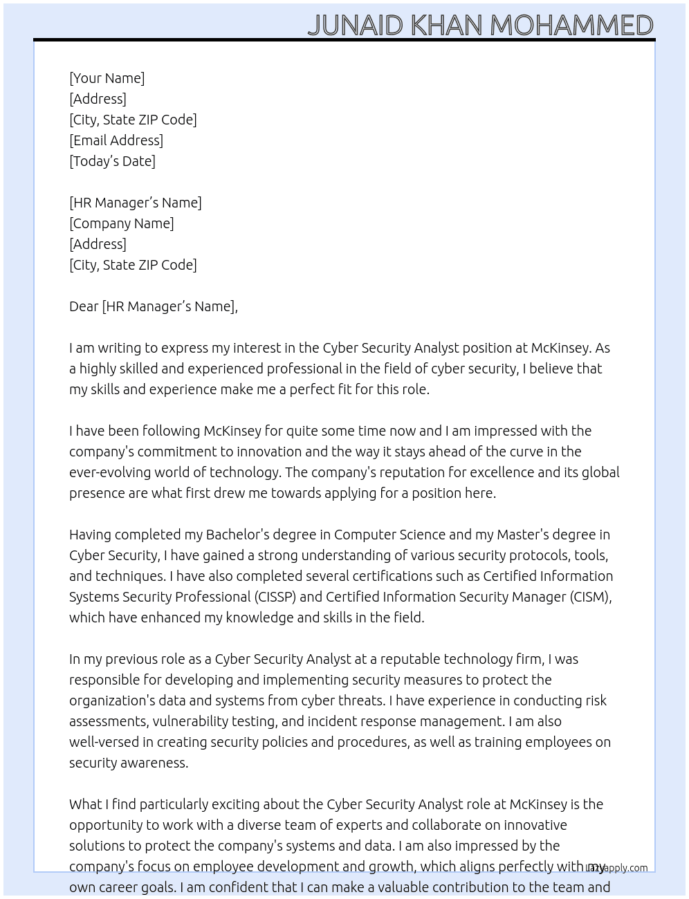 Cyber security analyst At McKinsey Cover Letter