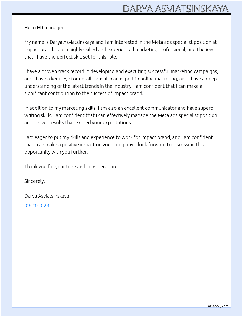 Meta ads specialist At Impact brand Cover Letter