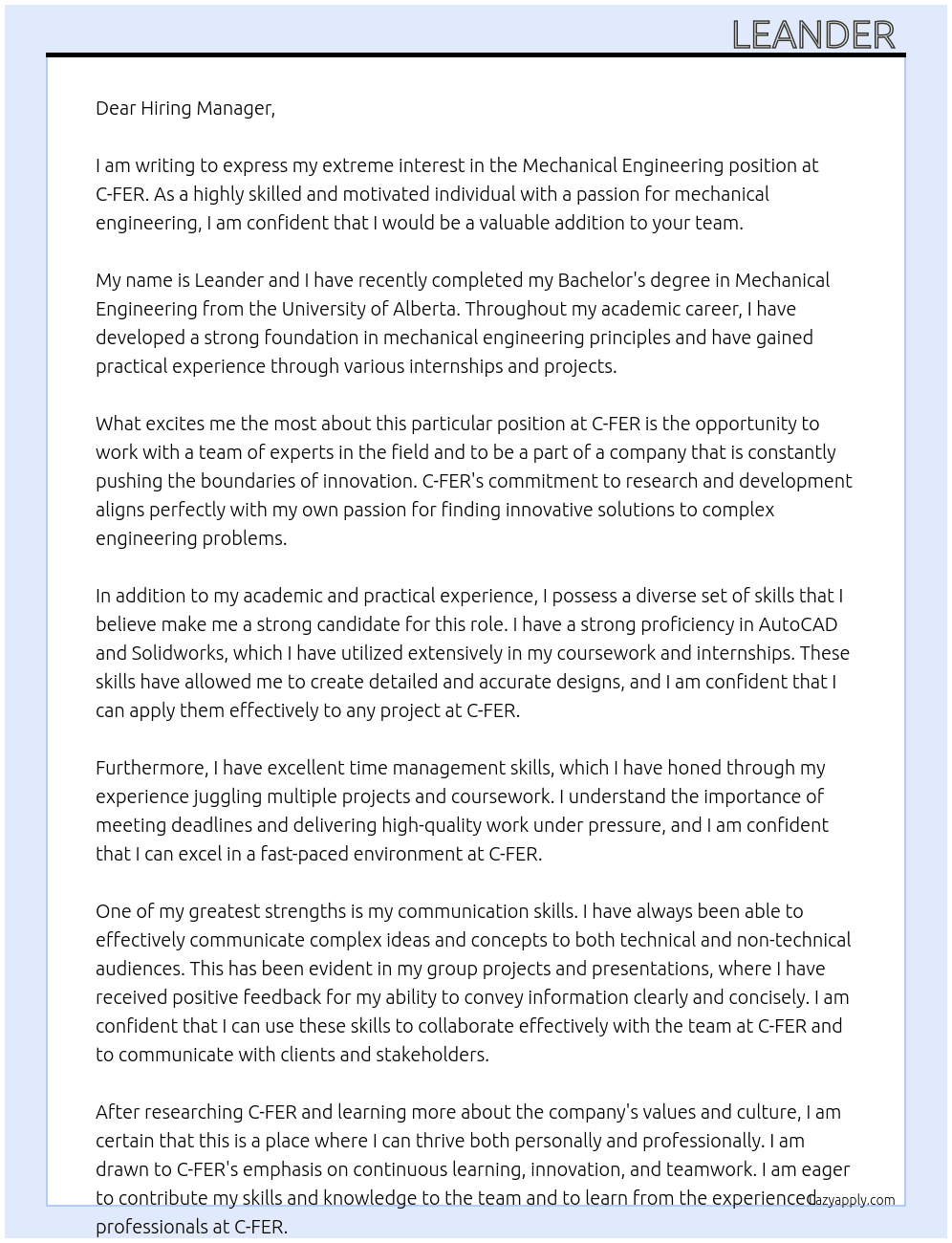 Mechanical Engineering At C-FER Cover Letter