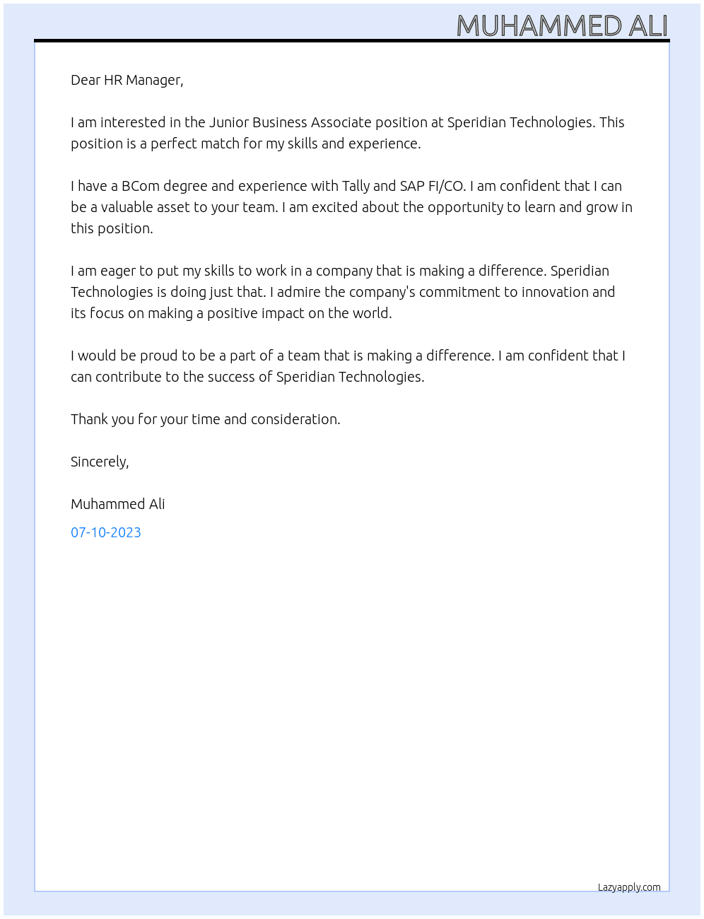 Junior Business Associate At Speridian Technologies Cover Letter