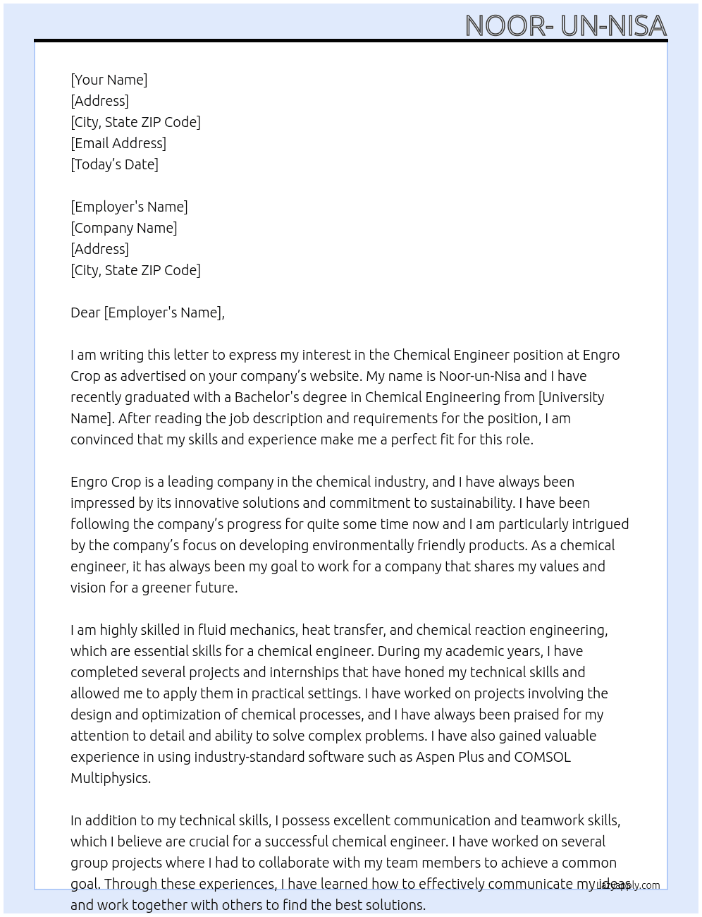 Chemical engineer  At Engro Crop  Cover Letter