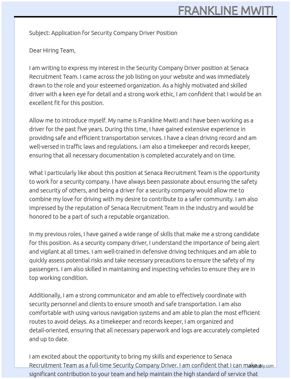 Security company driver  At Senaca Recruitment Team Cover Letter
