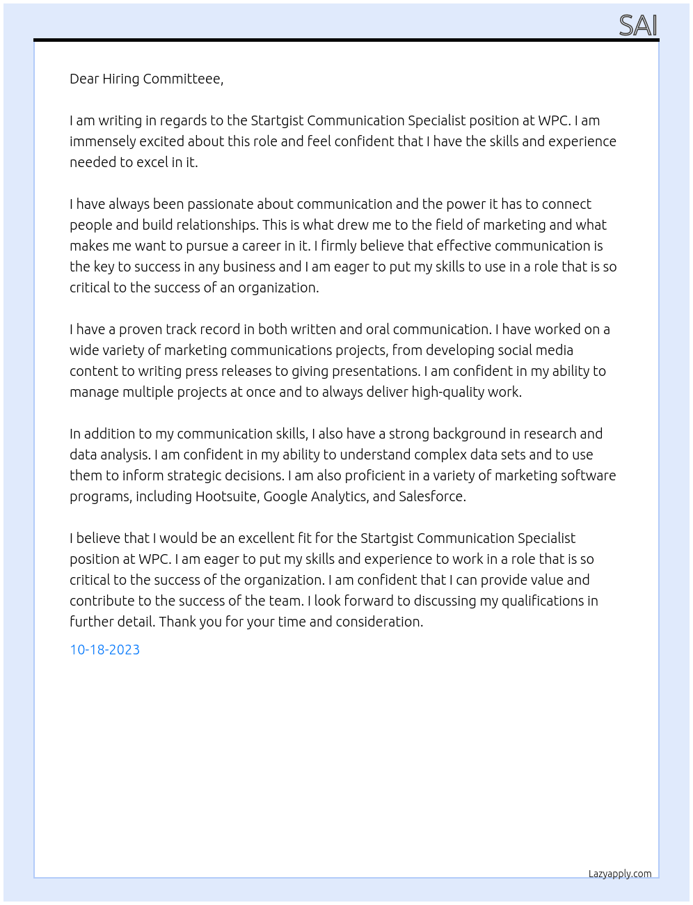 Startgist Communication Specialist At WPC Cover Letter