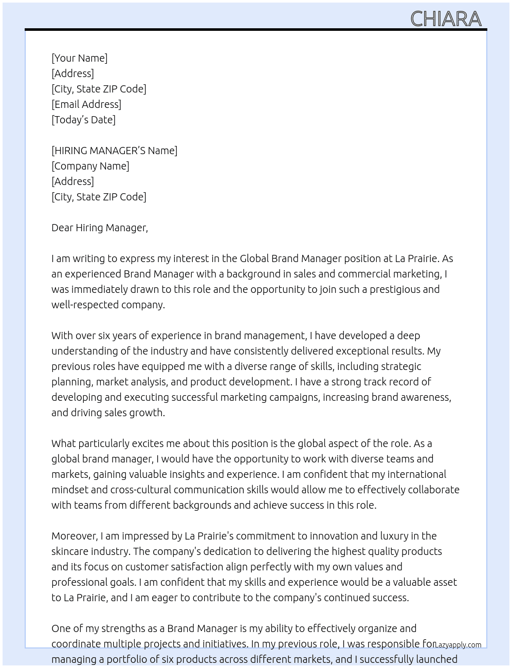 Cover letter for global brand manager - LazyApply